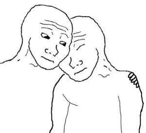 wojak, 2nas, bald, black eyes, closed mouth, friends, friendship, half body, no beard, no glasses