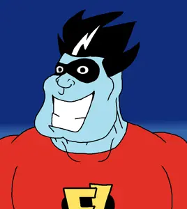 freakazoid, meximutt, mexiaryan, black eyes, black hair, blue background, blue skin, buff, cartoon, chin