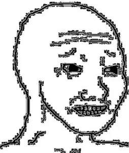 wojak, bald, cheeky smile, distored, glitchy, half open mouth, no beard, no glasses, open eyes, open mouth