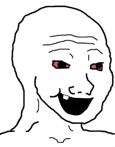 wojak, bald, black eyes, bloodshot eyes, happy, no beard, no glasses, one tooth, open eyes, open mouth