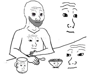 wojak, bald, black eyes, bowl, closed mouth, cup, drawn background, face, half body, neutral
