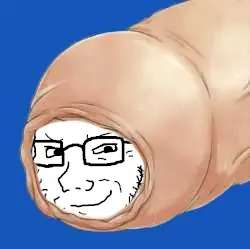 soyak, soyak (smug), black eyes, blue background, cleavage, drawn background, foreskin, glasses, looking at you, penis