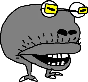 spotty bulbear, bulbjak, alien, bald, big lips, full body, glasses, gray skin, lips, looking to the right