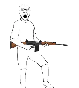 ericjak, 1soyjak, 30 caliber, 7.62x51mm, almost full body, arm, bald, battle rifle, black eyes, clothes