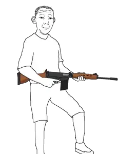 kuzjak, 30 caliber, 7.62x51mm, almost full body, arm, balding, battle rifle, closed mouth, clothes, fabrique nationale