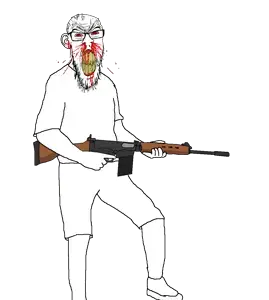 feraljak, feralrage, 30 caliber, 7.62x51mm, almost full body, angry, arm, battle rifle, blood, bloodshot eyes