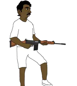 pajeetjak, 30 caliber, 7.62x51mm, almost full body, arm, battle rifle, black eyes, brown skin, closed mouth, clothes
