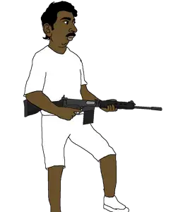 pajeetjak, 30 caliber, 7.62x51mm, almost full body, arm, battle rifle, black eyes, brown skin, closed mouth, clothes