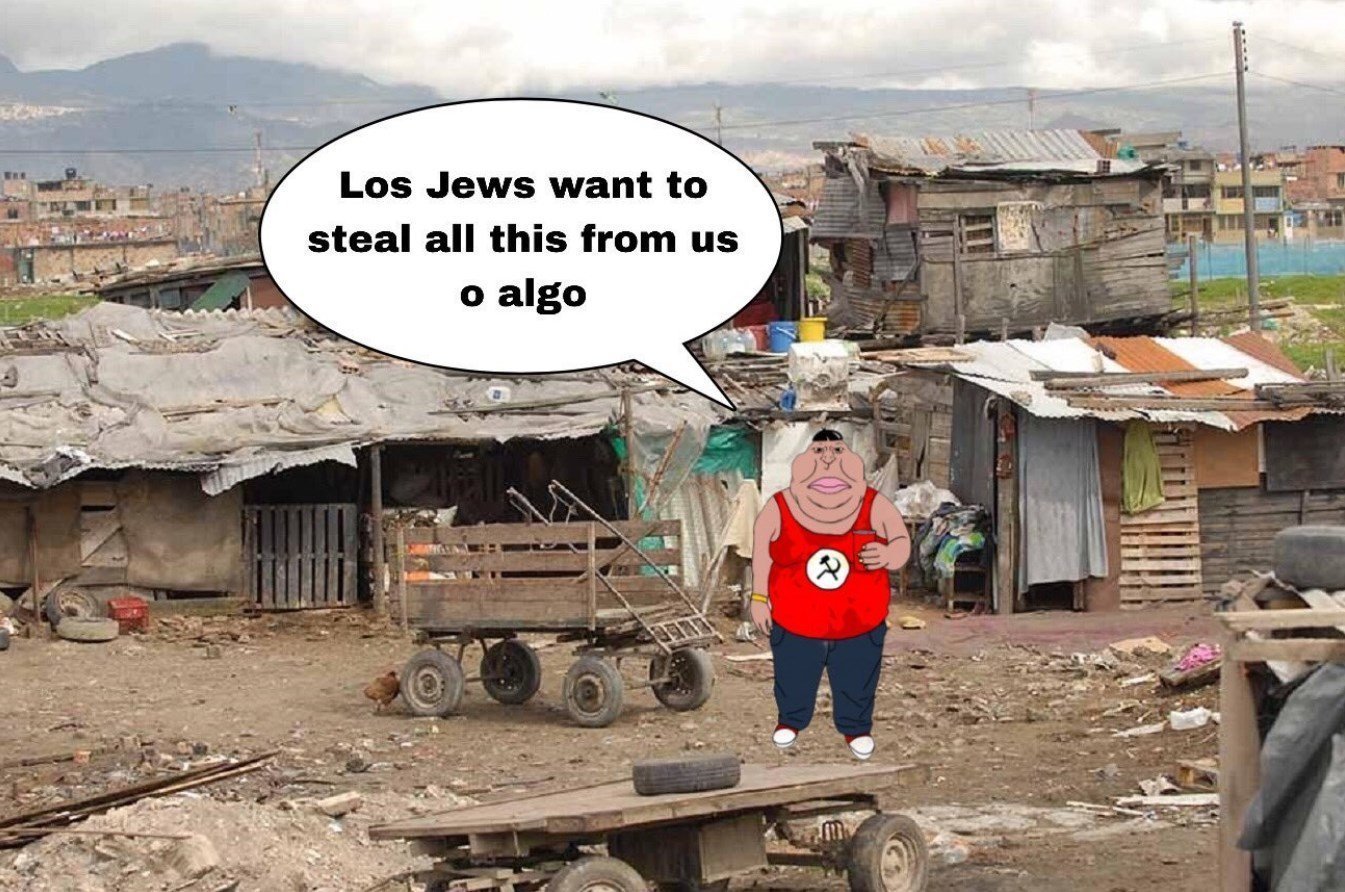 meximutt, 1soyjak, black eyes, black hair, black pants, brown skin, closed mouth, communism, fat, favela