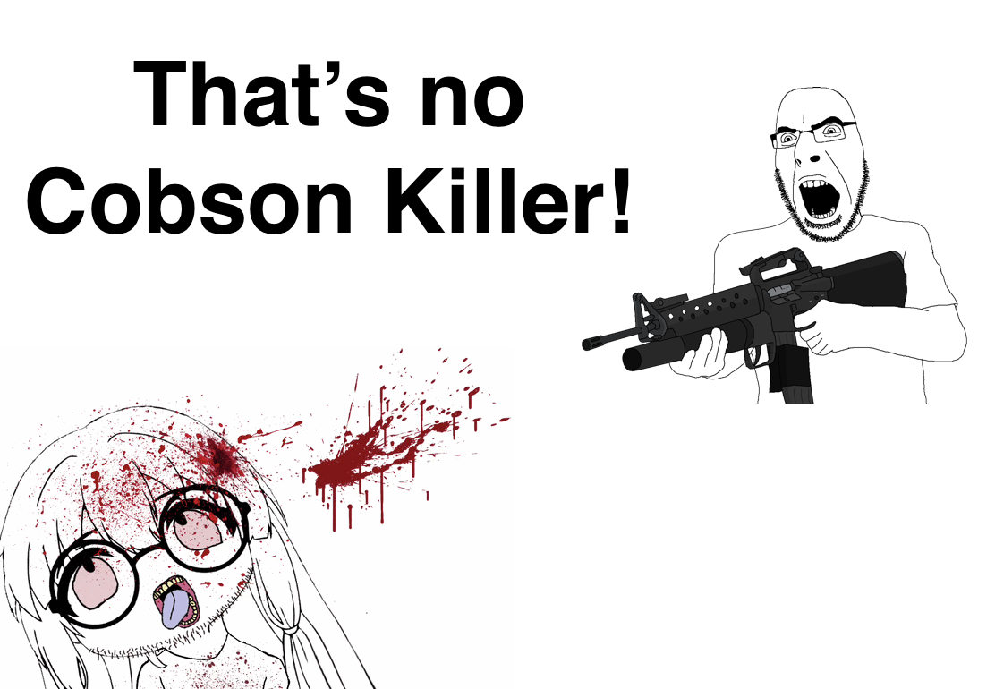 cobson, smuglet, 2soyjaks, accessory, angry, arm, assault rifle, black eyes, blood, bloodshot eyes