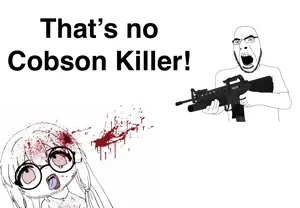 cobson, smuglet, 2soyjaks, accessory, angry, arm, assault rifle, black eyes, blood, bloodshot eyes