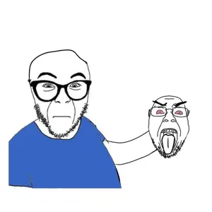 abortion lover, bernd, 2soyjaks, angry, bald, bloodshot eyes, blue shirt, closed mouth, glasses, half body