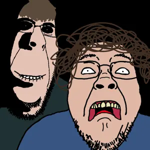 rapeson, bernd, cobson, hornyson, rapeson, 2soyjaks, black background, black eyes, brown hair, front view