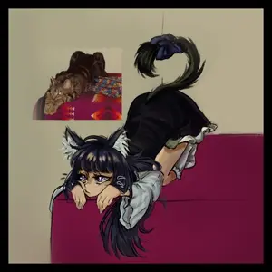 trollkastel, bernkastel, 1soyjak, animal, anime, blue hair, cat, cat ears, cat tail, dress
