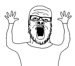 a24 slowburn soyjak, arm, bald, excited, glasses, hands, hands up, monochrome, open mouth, pointing