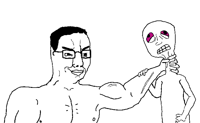 chudjak, chud's hitman, 1soyjak, arm, black eyes, black hair, buff, choking, closed mouth, glasses