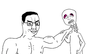 chudjak, chud's hitman, 1soyjak, arm, black eyes, black hair, buff, choking, closed mouth, glasses