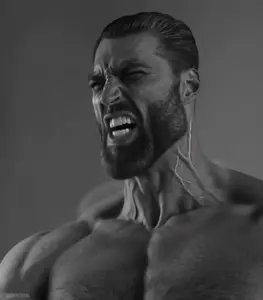 gigachad, 1nas, beard, black hair, black shirt, buff, building, city, clothes, ear