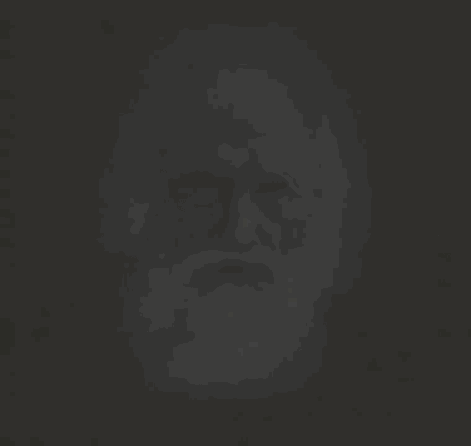 gigachad, old gigachad, beard, black and white, black background, closed mouth, gray skin, hair, long hair, looking at you