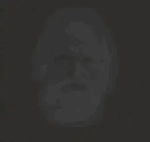 gigachad, old gigachad, beard, black and white, black background, closed mouth, gray skin, hair, long hair, looking at you
