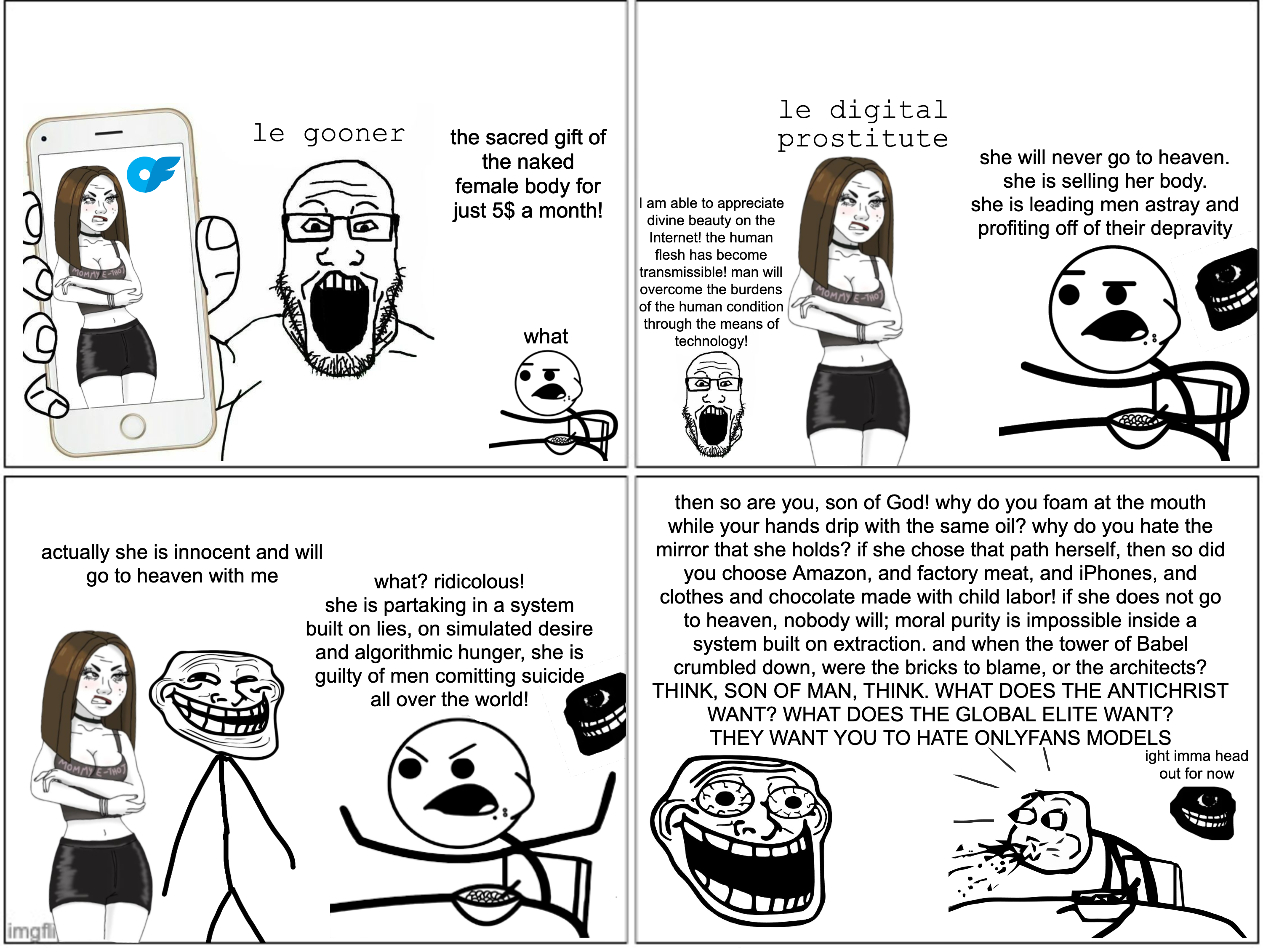 trollface, wojak, markiplier soyjak, 1soyjak, almost full body, angry, bald, black eyes, brown hair, closed mouth