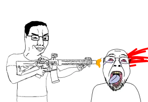 bernd, chudjak, chud's hitman, 2soyjaks, arm, assault rifle, bald, black eyes, black hair, blood
