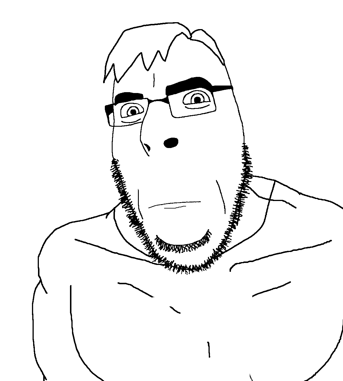 cobson, aryan soyjaks, 1soyjak, black eyes, buff, closed mouth, glasses, hair, looking at you, monochrome