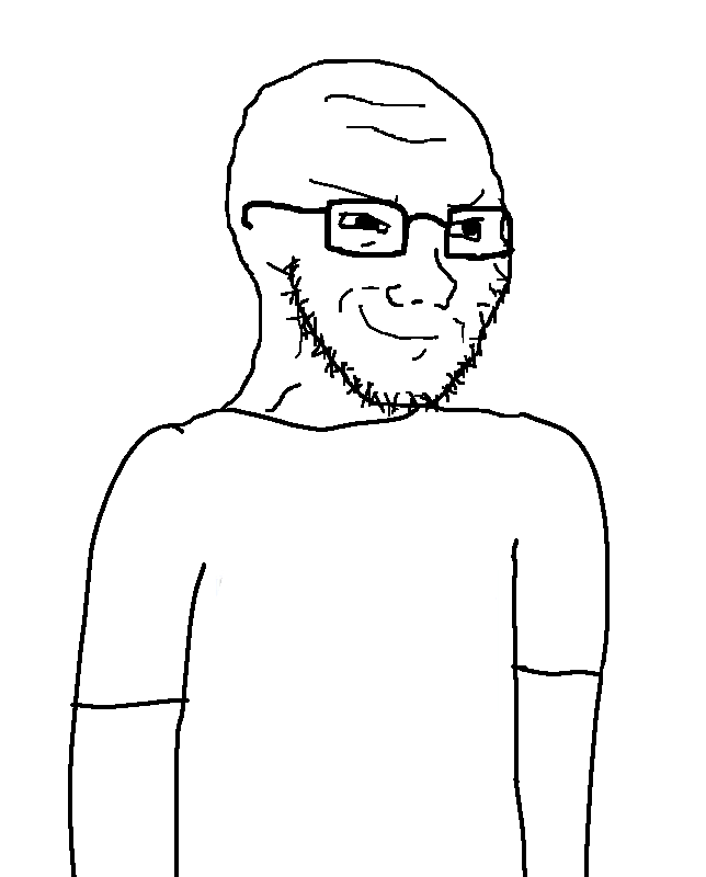 soyak, soyak (smug), 1soyjak, bald, black eyes, closed mouth, glasses, half body, looking to the right, open eyes