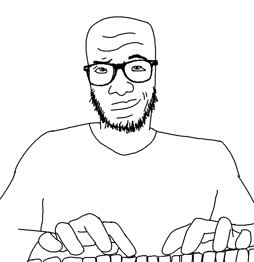 sagecel, 1soyjak, bald, black eyes, closed mouth, front view, glasses, half body, hands, keyboard