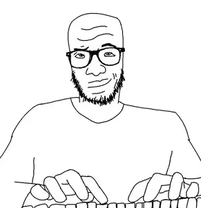 sagecel, 1soyjak, bald, black eyes, closed mouth, front view, glasses, half body, hands, keyboard