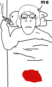 markiplier soyjak, female markiplier, neutralplier, its over, 1soyjak, arm, bed, blanket, blood, chubby