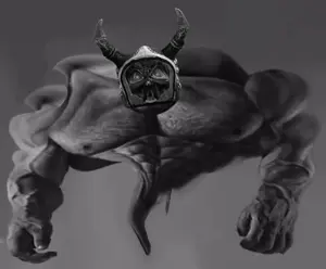 gigachad, buff, covered eyes, deformed, distorted, front view, full body, gray background, gray skin, grayscale