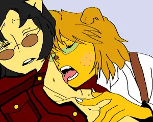 femjanny, namefag yuri, 1soyjak, 2girls, angry, animal, asian, black eyes, black hair, blue background