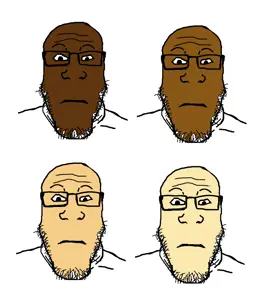 markiplier soyjak, neutralplier, bald, black skin, brown skin, calm, closed mouth, glasses, looking at you, low effort