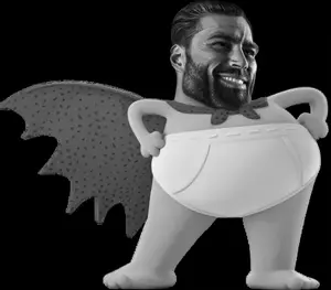 gigachad, 1soyjak, black background, black eyes, cape, fat, front view, full body, gray hair, gray skin