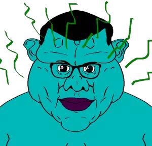 squidward tentacles, brandon, disgusting brandoncreature, fusionjaks, 1soyjak, black hair, blue skin, closed mouth, extremely obese, fat