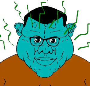 squidward tentacles, brandon, disgusting brandoncreature, fusionjaks, 1soyjak, black hair, blue skin, brown shirt, closed mouth, extremely obese