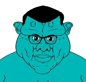 squidward tentacles, brandon, disgusting brandoncreature, fusionjaks, 1soyjak, black hair, blue skin, closed mouth, extremely obese, fat