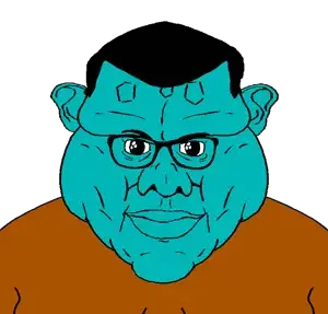 squidward tentacles, brandon, disgusting brandoncreature, fusionjaks, 1soyjak, black hair, blue skin, brown shirt, closed mouth, extremely obese
