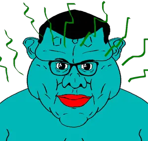 squidward tentacles, brandon, disgusting brandoncreature, fusionjaks, 1soyjak, black hair, blue skin, closed mouth, extremely obese, fat