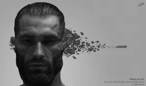 gigachad, 1soyjak, black eyes, buff, closed mouth, cracks, ernest khalimov, front view, gigger, gray background