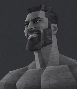 gigachad, retro visuals to invoke a feeling of nostalgia, 1nas, buff, gray background, gray skin, grayscale, hair, looking to the left, monochrome