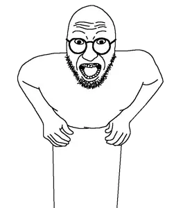 creepyjak, remastered soyjaks, arm, bald, box, forehead lines, full body, glasses, looking at you, no legs