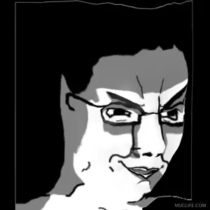 chudjak, 1soyjak, black background, black eyes, black hair, closed eyes, closed mouth, glasses, hair, half closed eyes