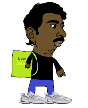 pajeetjak, 1soyjak, black eyes, black hair, black shirt, brown skin, closed mouth, clothes, delivery, ear