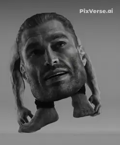 gaygahadduwe, gigachad, beard, big head, black eyes, black hair, buff, full body, giggerbabble, gray background