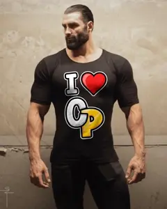 gigachad, almost full body, beard, black eyes, black hair, buff, closed mouth, clothed, clothes, english text