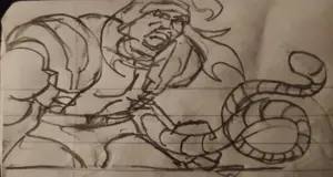angry, capcom, drawing, gaping mouth, hair, half body, half closed eyes, long hair, looking to the right, notebook