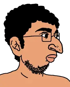 pajeetjak, 1soyjak, big nose, black eyes, black hair, brown skin, bushy eyebrows, closed mouth, curly hair, ear