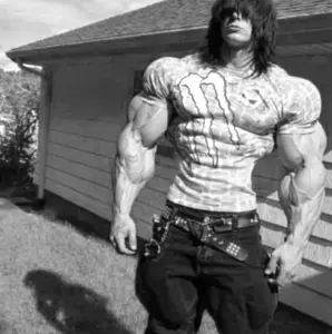 gigachad, belt, black hair, buff, clothes, emo, gray background, gray skin, grayscale, hair